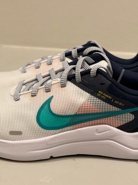 Nike White Sneakers with Teal Swoosh and Navy Collar NWOB!